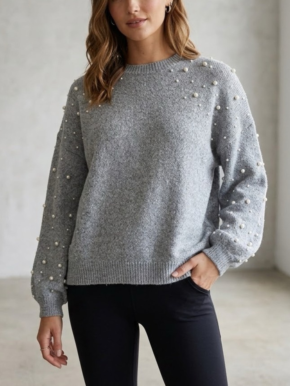 Pearl-Accent Crewneck Sweater - Light Gray